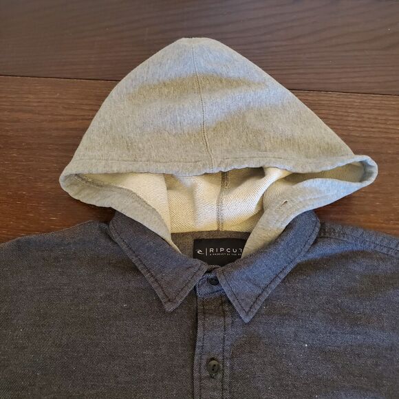 Vtg Rip Curl Youth Shirt w/Hoodie L Gray Button Down Skater Jacket Slant Pockets - Picture 2 of 16